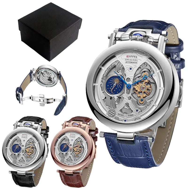 DIFFUL™ Luxury Big Skeleton Dial Moon Phases Tourbillon Hollowed Mechanical Men Wristwatch Watch With Leather Band