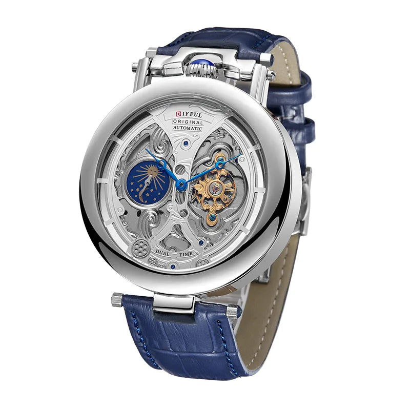 DIFFUL™ Luxury Big Skeleton Dial Moon Phases Tourbillon Hollowed Mechanical Men Wristwatch Watch With Leather Band