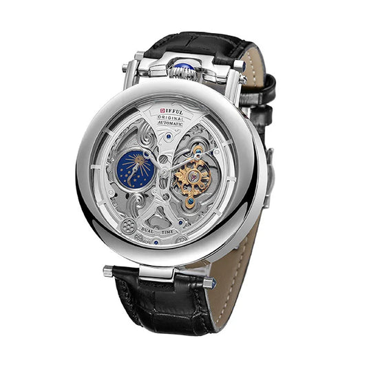 DIFFUL™ Luxury Big Skeleton Dial Moon Phases Tourbillon Hollowed Mechanical Men Wristwatch Watch With Leather Band
